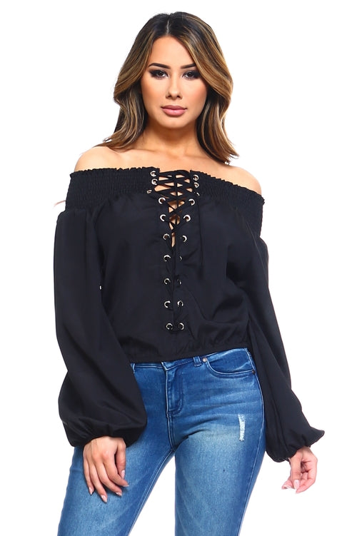 ファッション 通販 Off Lace-Up Women's Shoulder EGOTIER.CA – Blouse Elastic トップス